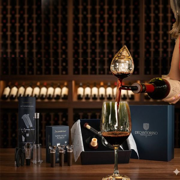 Servicio de vino con Decantorino en una cava, cayendo directo a la copa