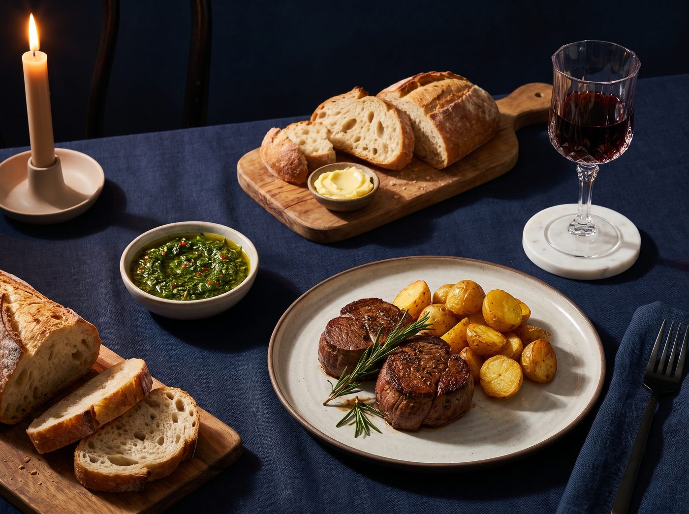 Cena servida sobre mantel azul marino con copa de vino tinto