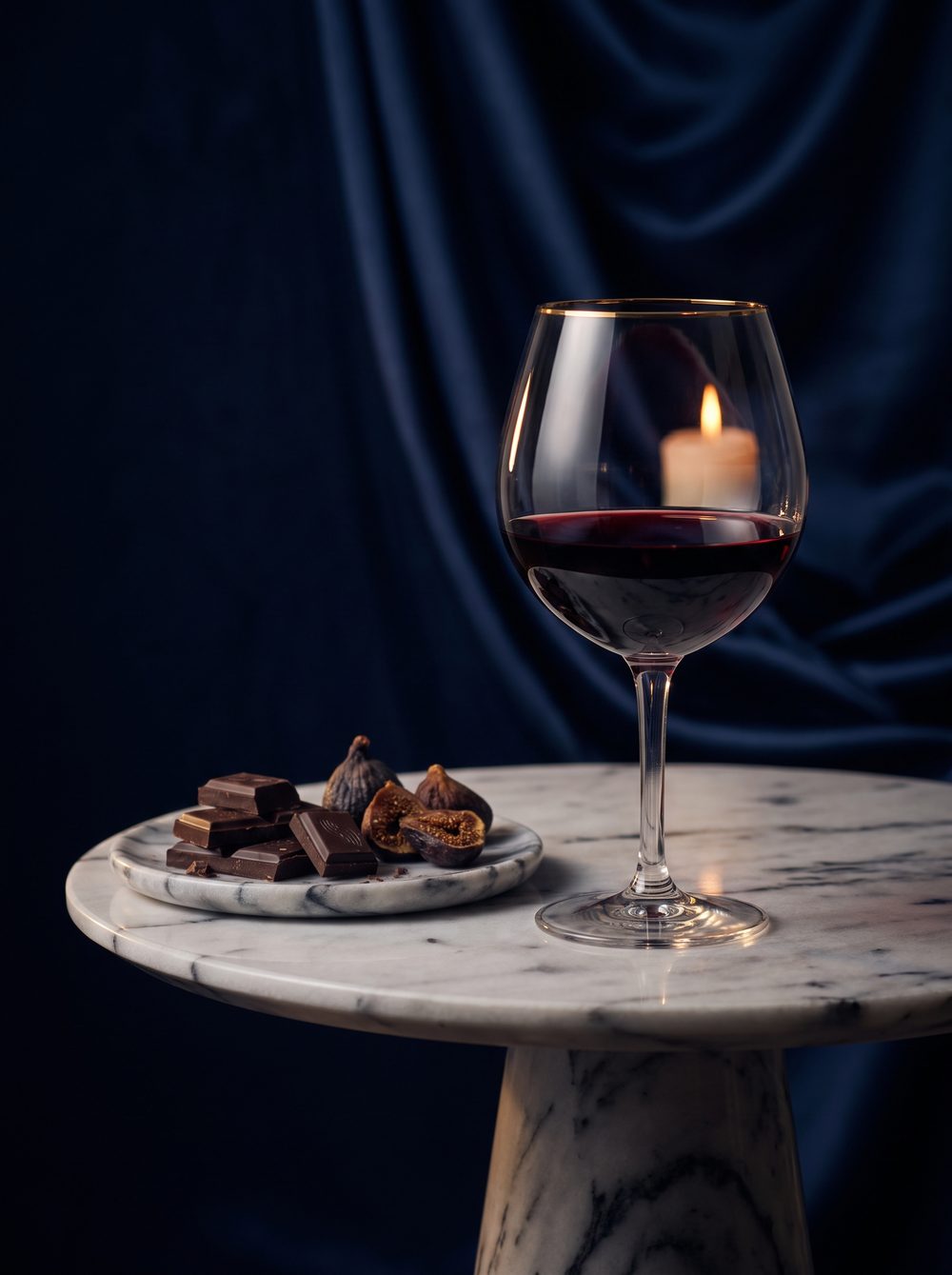 Copa de vino tinto sobre mesa de mármol con fondo de seda azul marino