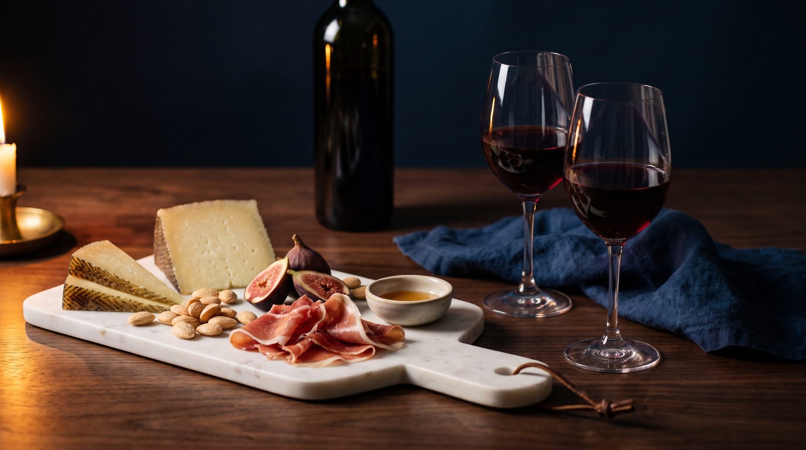 Tabla de mármol con quesos, jamón e higos junto a dos copas de vino tinto a la luz de una vela