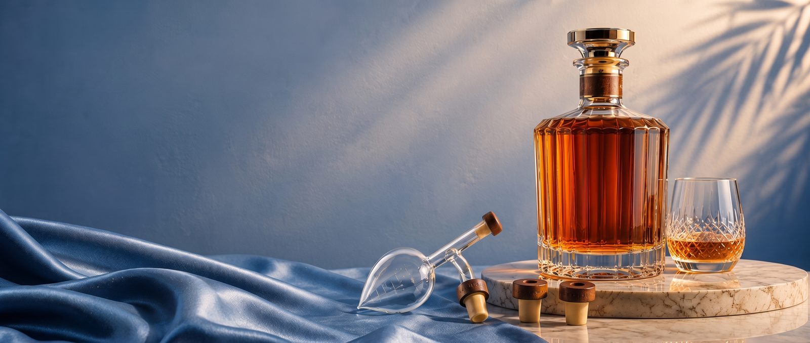 Decantador de whisky con Decantorino y tapones de madera sobre una bandeja de mármol