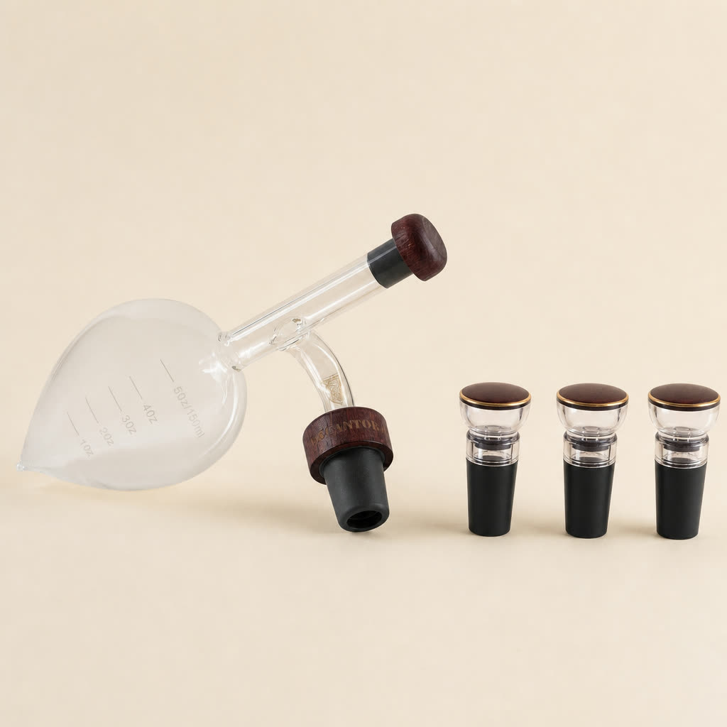 Dúo Pro Deluxe: oxigenador y 3 tapones al vacío, packshot estilizado