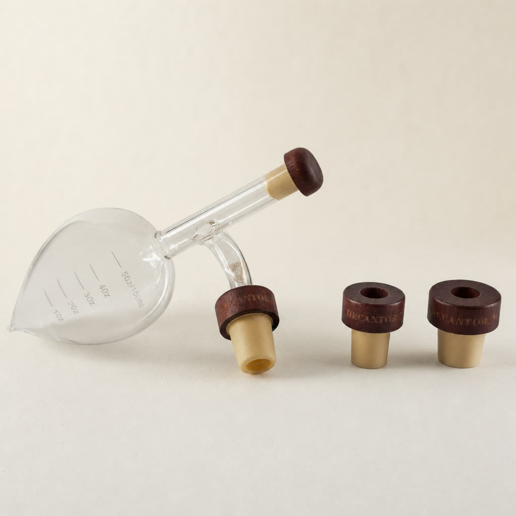 Decantorino Pro Deluxe con sus 3 boquillas, packshot estilizado