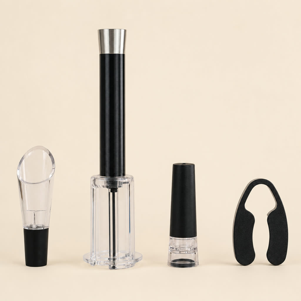 Set Sommelier de 4 piezas: descorchador de aire, corta cápsula, tapón de vacío y boquilla antigoteo