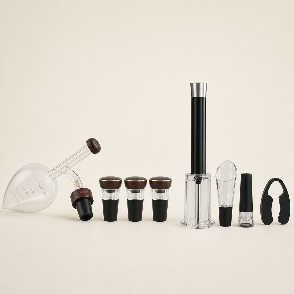 Trío Pro Deluxe: oxigenador, 3 tapones y set sommelier, packshot estilizado