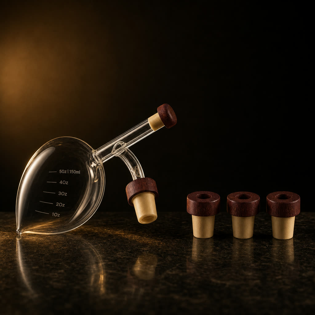 Dúo Pro Deluxe: oxigenador y 3 tapones al vacío, packshot estilizado
