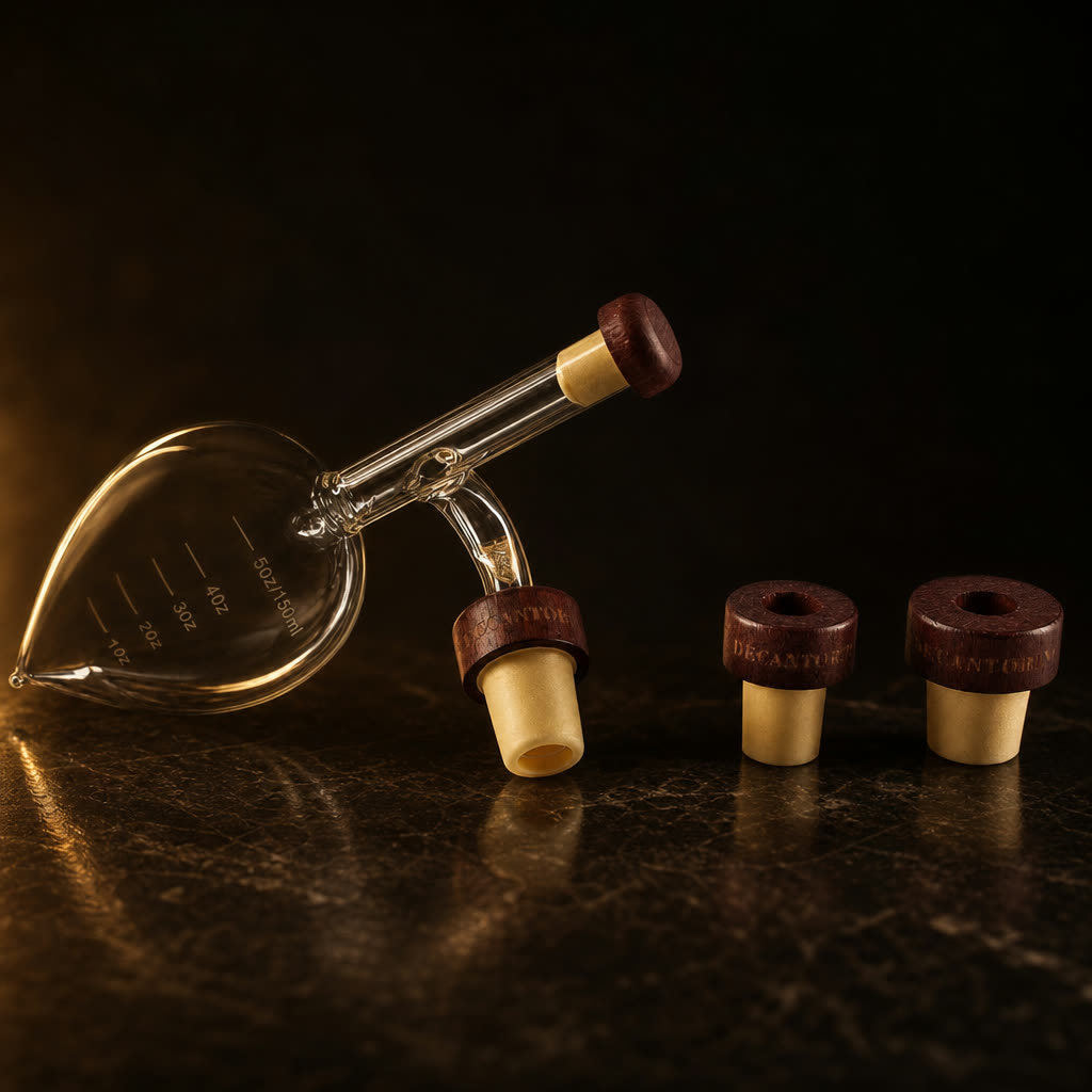Decantorino Pro Deluxe con sus 3 boquillas, packshot estilizado