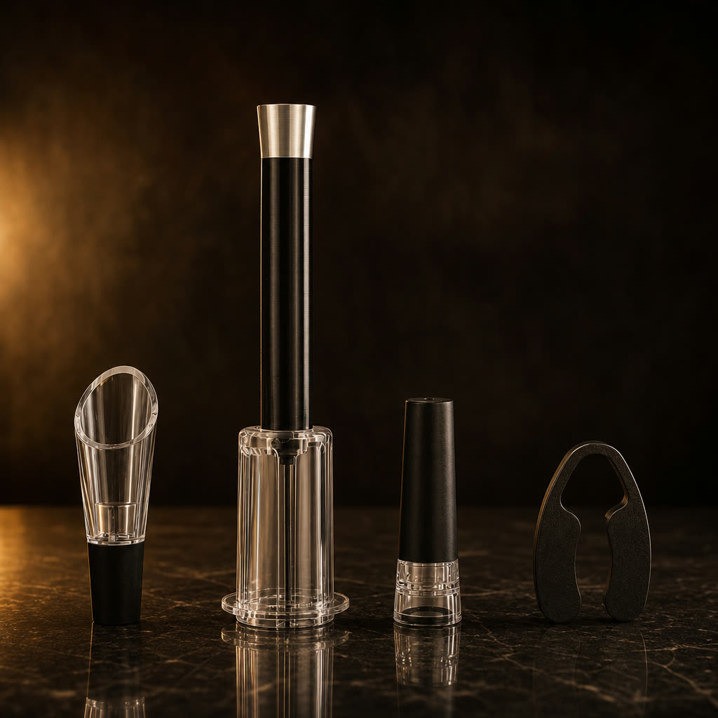 Set Sommelier de 4 piezas: descorchador de aire, corta cápsula, tapón de vacío y boquilla antigoteo
