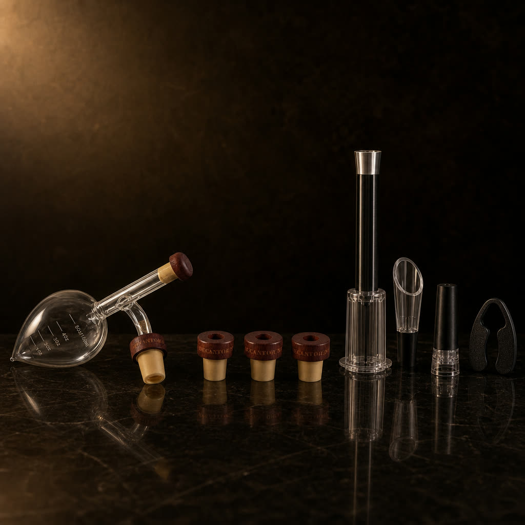 Trío Pro Deluxe: oxigenador, 3 tapones y set sommelier, packshot estilizado