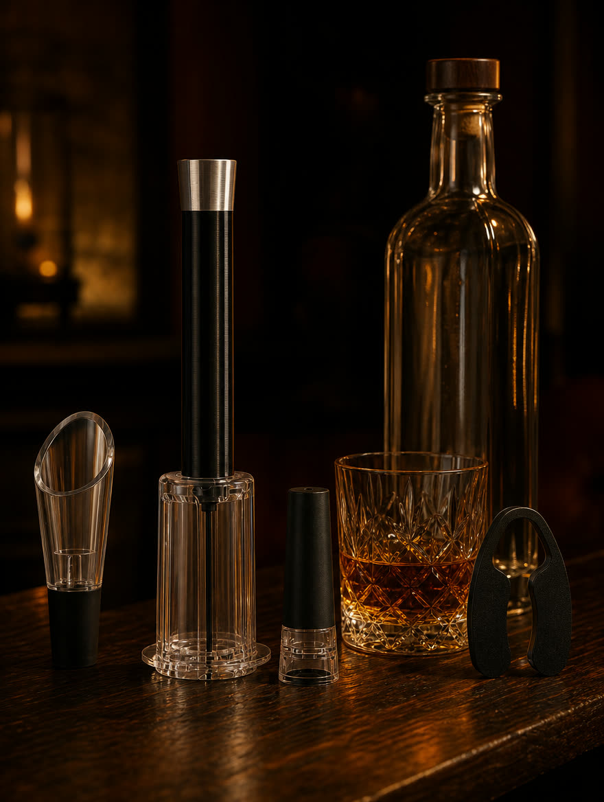 Set de servicio junto a un vaso de whisky y una botella de pisco en una barra de madera