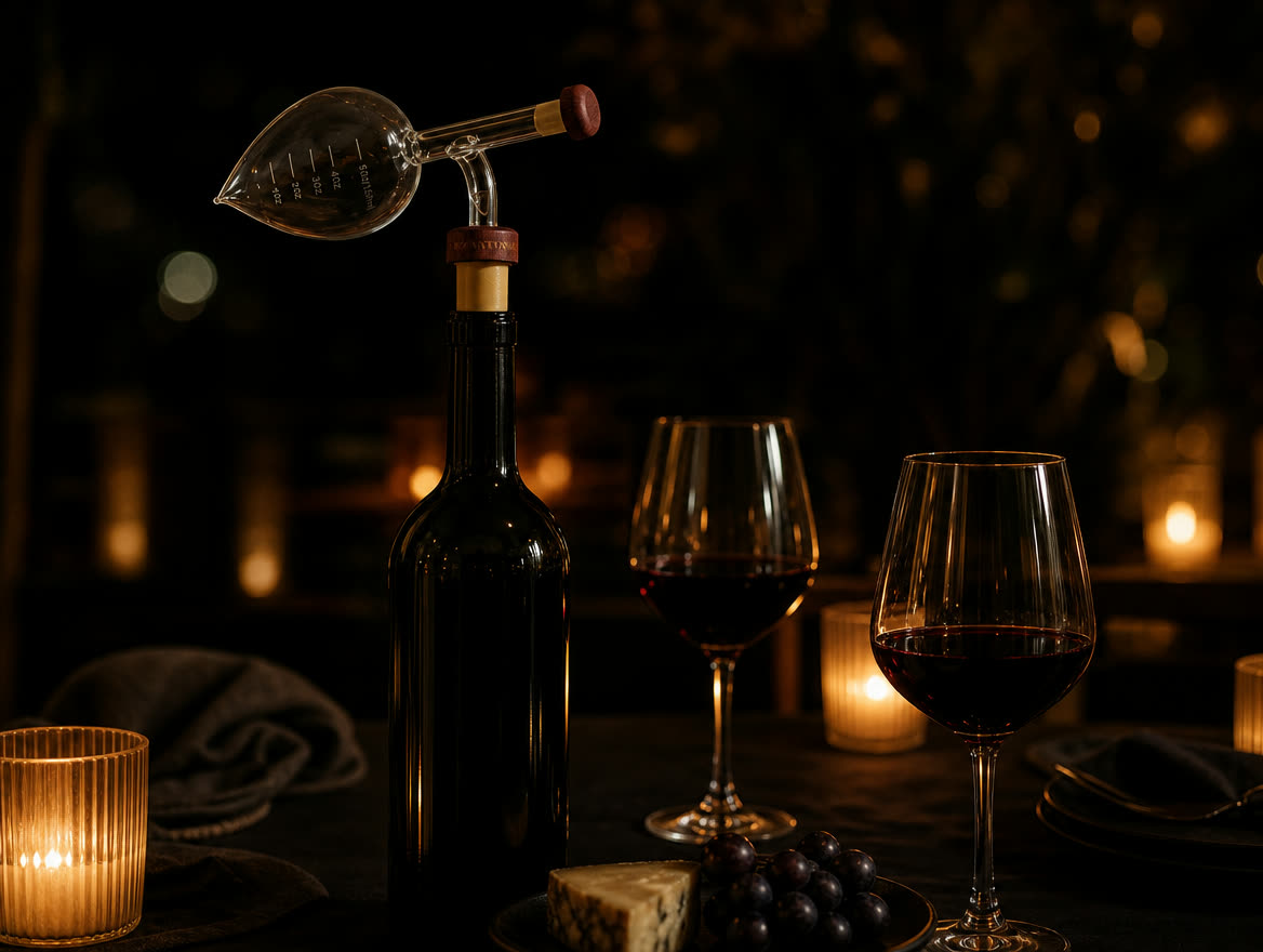 Mesa de cena a la luz de las velas con botella, Decantorino y copas de vino tinto