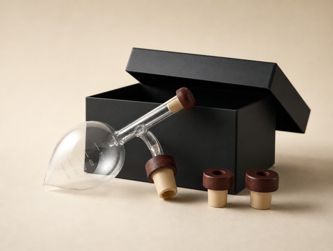 Caja negra de regalo Decantorino abierta con el oxigenador y los tapones de madera