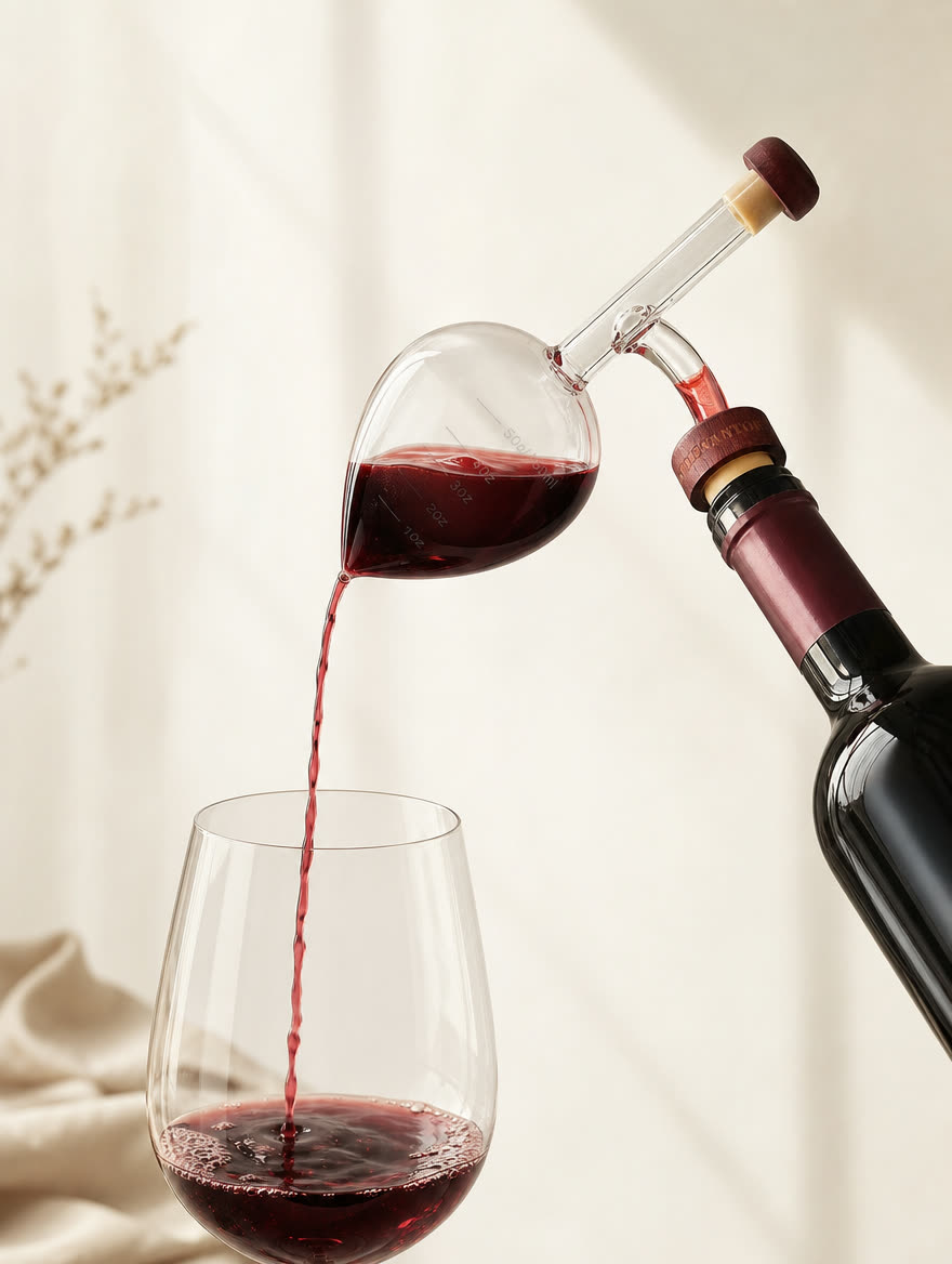 Decantorino sirviendo vino tinto en una copa sobre fondo marfil