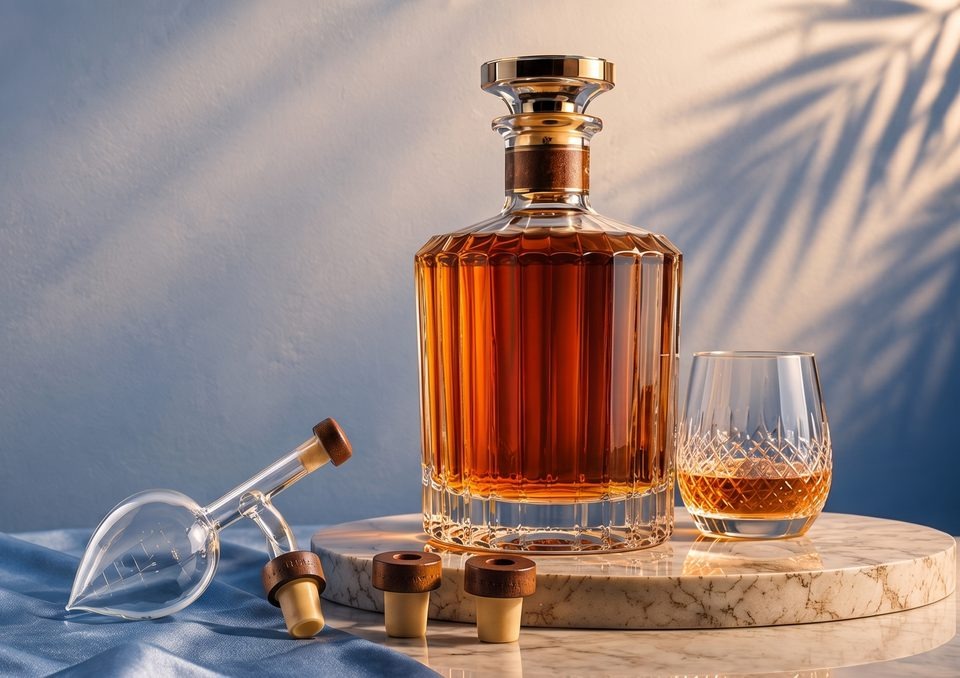 Decantorino y sus tapones junto a una licorera de whisky y un vaso servido