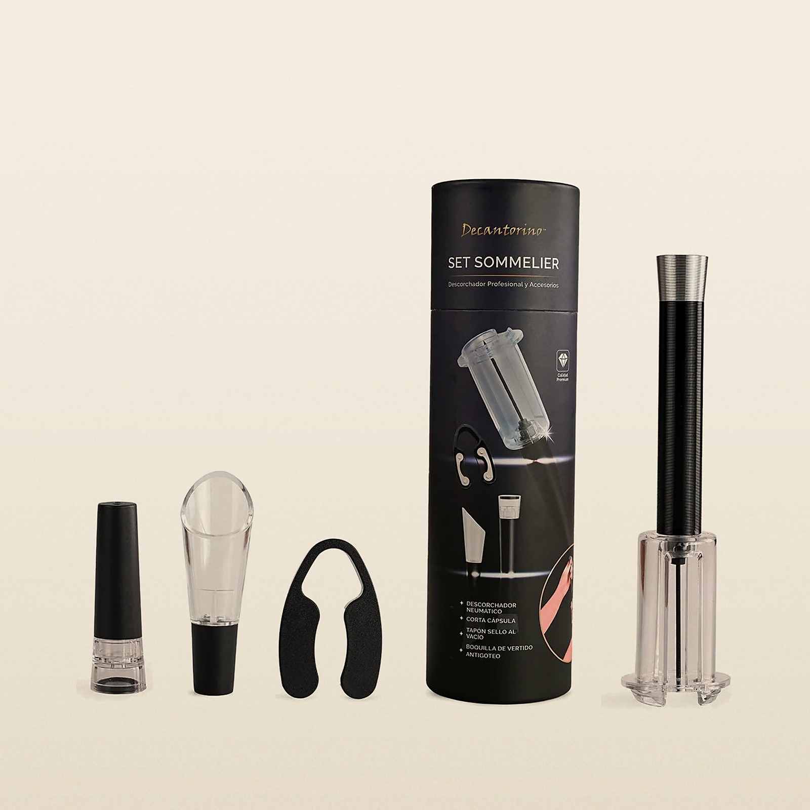El set sommelier junto a su envase cilíndrico
