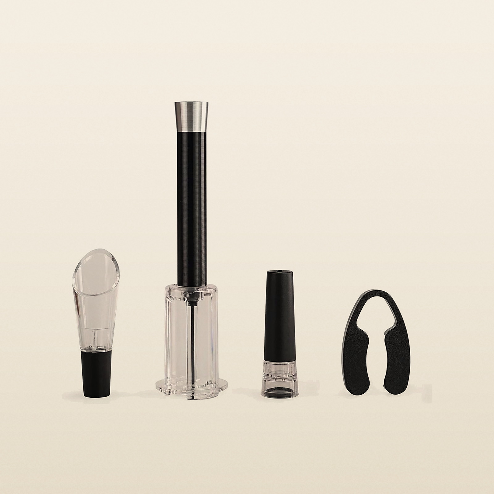 Set Sommelier de 4 piezas: descorchador de aire, corta cápsula, tapón de vacío y boquilla antigoteo